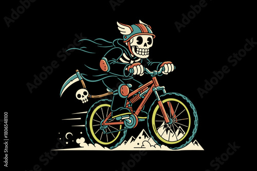 Grim Reaper Skeleton Riding a Bicycle with a Scythe.