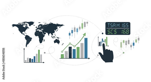 Illustration of global financial market analysis with stock charts, world map, and digital display showing stock ticker data