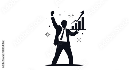 Illustration of silhouette of a successful businessman celebrating with a rising stock market graph, symbolizing achievement and profit