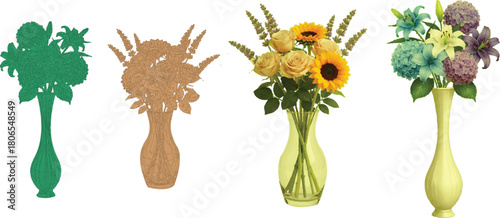 The image features four vases of flowers lined up in a row, each showcasing a unique floral arrangement against a clean background