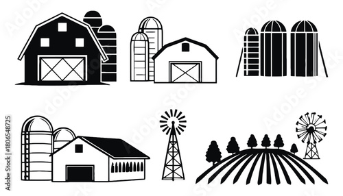Farm agriculture vector illustration set of barn and silos