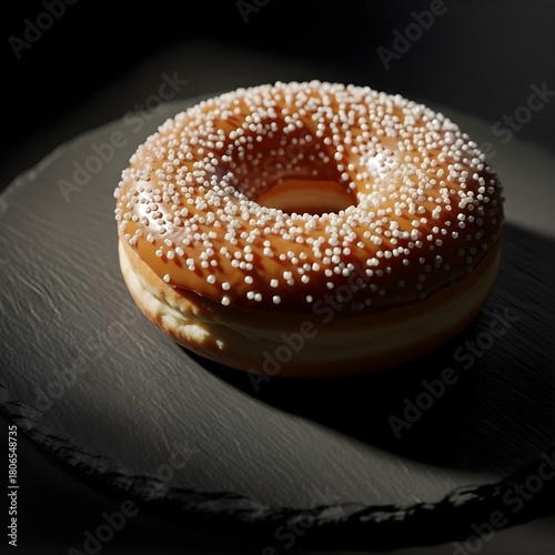 Caramel Glazed Donut with White Sprinkles on Dark Background – Delicious Sweet Dessert Food