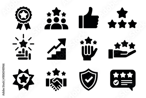 A collection of silhouette icons representing customer satisfaction, quality, and success in a business context.