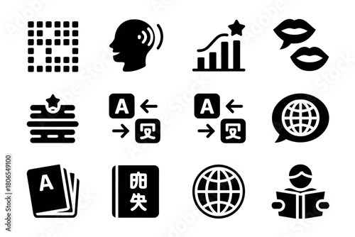 A collection of abstract icons representing language, communication, learning, and progress.