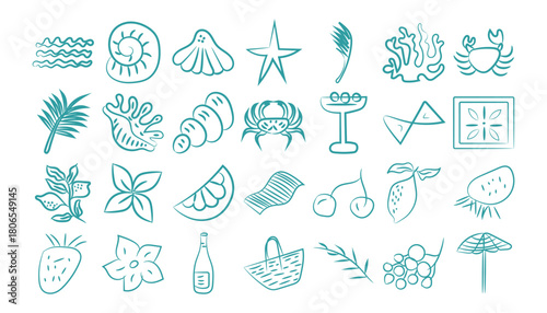 Collection of hand drawn doodle illustrations of summer beach and food elements
