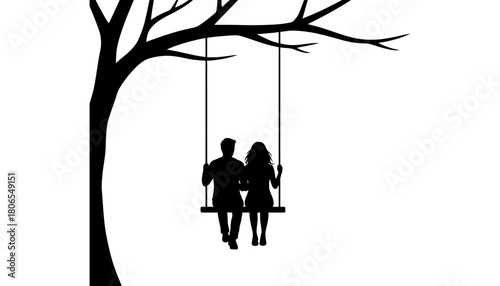 Silhouette couple on swing under tree romantic vector design