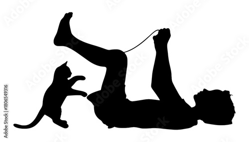 Silhouette of man playing with cat on white background image