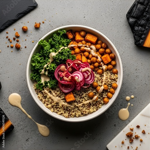 Healthy Vegan Buddha Bowl with Quinoa, Kale, Chickpeas, and Beet – Fresh Plant-Based Food Concept