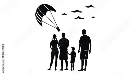 Family watching parasailing at beach summer vacation holiday