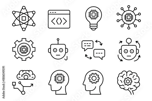 A grid of twelve icons representing artificial intelligence and machine learning concepts, such as brains, robots, and CPUs.