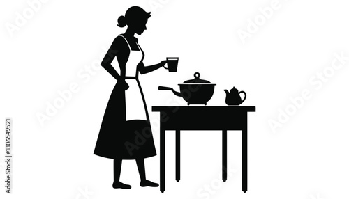 Silhouette woman cooking kitchen food preparation vector art