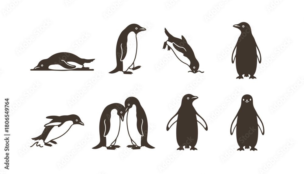 Obraz premium Cute penguin bird silhouettes in various playful poses, including sliding, swimming, and standing, ideal for arctic wildlife and fun animal concepts.