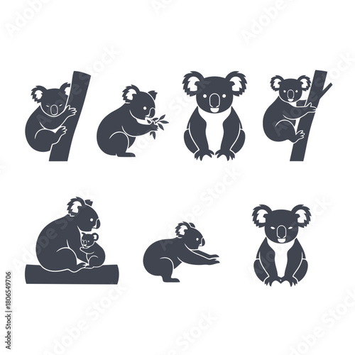 Adorable koala bear family silhouettes in various natural poses, including mother and baby, perfect for Australian wildlife and animal themes.