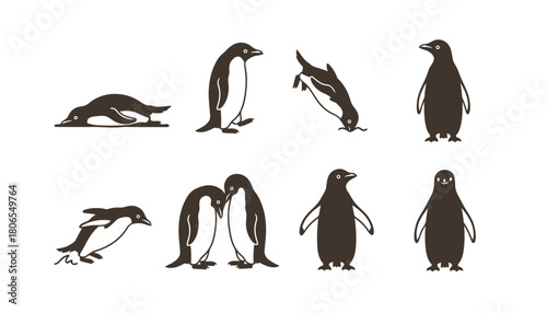 Cute penguin bird silhouettes in various playful poses, including sliding, swimming, and standing, ideal for arctic wildlife and fun animal concepts.