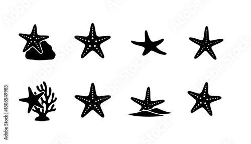 Starfish Sea Star Vector Silhouettes: Monochrome Icons of Marine Echinoderms in Various Underwater Poses and Settings