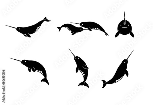 Narwhal Whale Vector Silhouettes: Set of Black Icons of Arctic Sea Mammals with Tusk in Various Swimming Poses