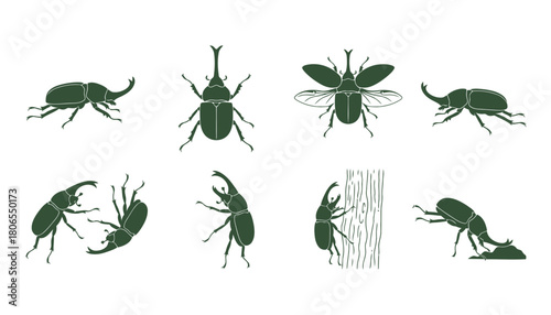 Rhinoceros Beetle Insect Vector Silhouettes: Set of Green Icons in Various Poses Including Flying, Fighting, and Climbing Tree Bark