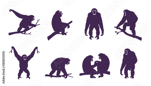 Collection of Gibbon Icons Vector Illustration, showcasing Long-Armed Primate Silhouettes in Different Poses like Brachiating, Sitting, and Grooming