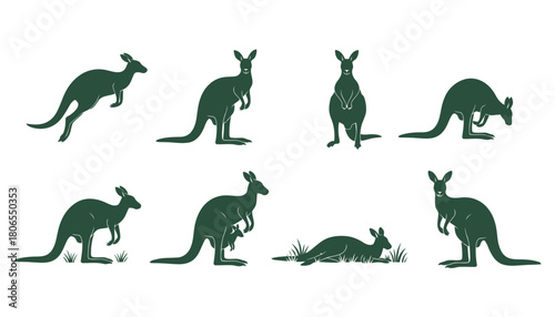 Set of Kangaroo Icons Vector Illustration, featuring Australian Marsupial Silhouettes in Various Poses like Hopping, Standing, and Carrying a Joey