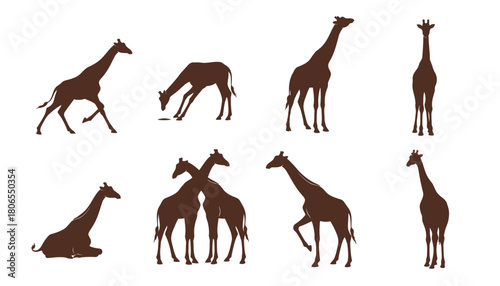 Collection of Giraffe Icons Vector Illustration, showcasing Tall African Mammal Silhouettes in Various Poses like Walking, Drinking, and Standing