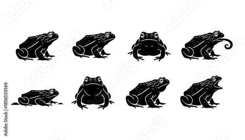 Collection of Toad Icons Vector Illustration, featuring Amphibian Silhouettes in Different Poses like Sitting, Jumping, and Catching Prey in Black Color