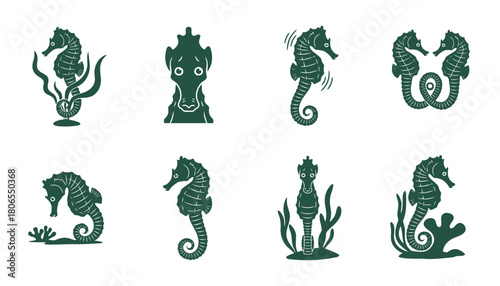 Set of Seahorse Icons Vector Illustration, featuring Marine Fish Silhouettes in Various Poses and Surrounded by Seaweed and Coral in Dark Green Color