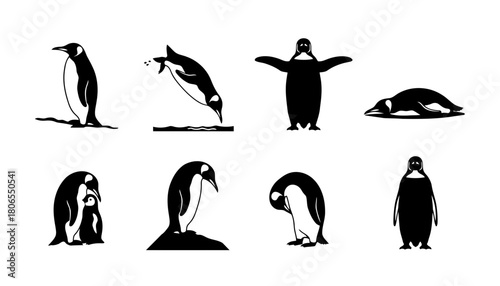Set of Emperor Penguin Silhouettes Vector Illustration, featuring Antarctic Birds in Various Poses like Diving, Standing, and Caring for Baby