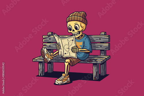 Skeleton character sitting on a bench reading a map.