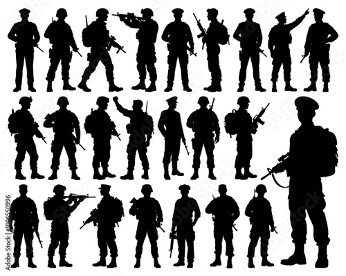 Military Soldiers and Police Officer Silhouette Collection, Special Forces with Weapons and Rifles, Army Security Concept, Transparent Background