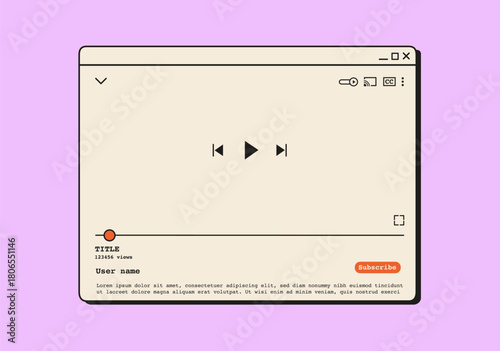 Retro digital video player window with playback timeline, control buttons, and user interface elements. 90s computer popup media frame for streaming or watching content. Flat Style Vector Illustration