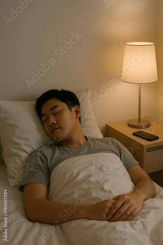 Asian man sleeping peacefully at night with smartphone placed away from bed for digital detox