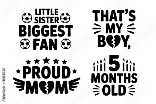 A collection of four distinct graphic design elements, each featuring unique typography and illustrative icons that convey themes of family, sports fandom, and celebrating milestones.