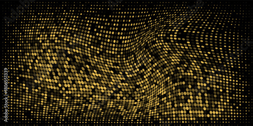 Abstract luxury banner with golden glittering dots on black background. Sparkling glitter bottom border, vector frame. Halftone effect. Magical gold dust. Pop art style backdrop.