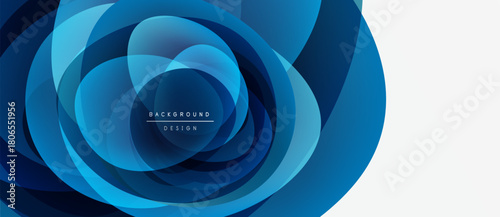 Abstract blue layers create dynamic floral pattern. White space balances composition, offering clean visual appeal. Modern design element.