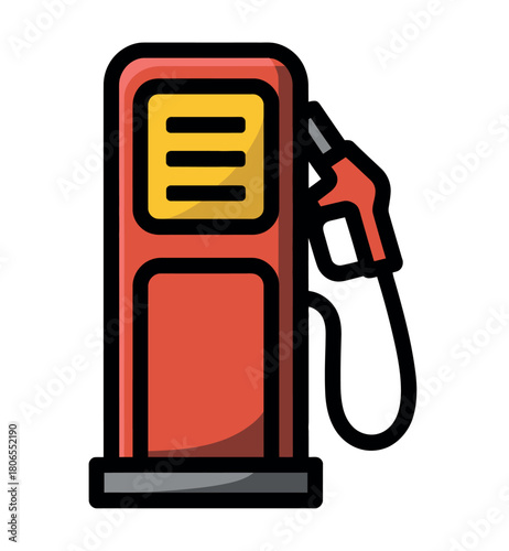 A red fuel pump with a black hose and nozzle is depicted against a white background.