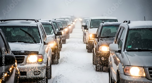 Cars stuck in heavy snow traffic jam on a winter day