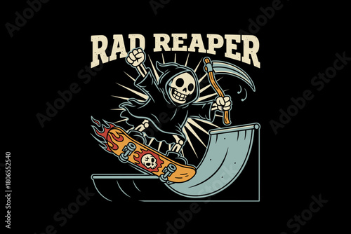 Rad Reaper Skeleton Skateboarder Grinning with Scythe.