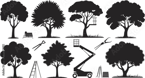 Silhouettes of trees and arborist tools for pruning and trimming in black and white landscape illustration of tree maintenance