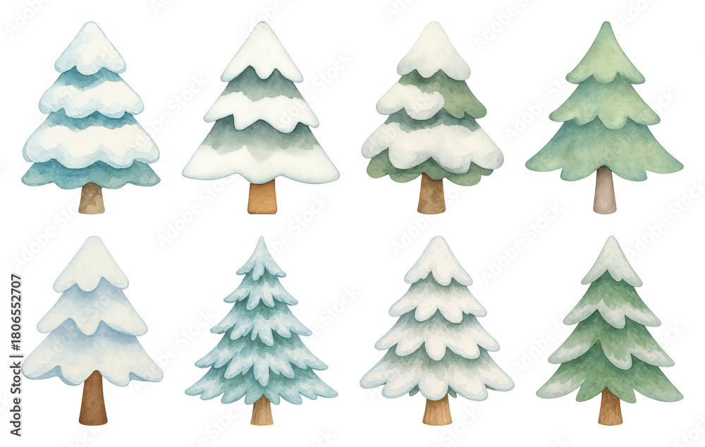 Obraz premium PNG Watercolor winter trees illustration, element set on transparent background