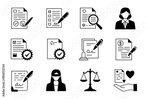 A collection of line art icons representing legal and business documents, contracts, and justice concepts.