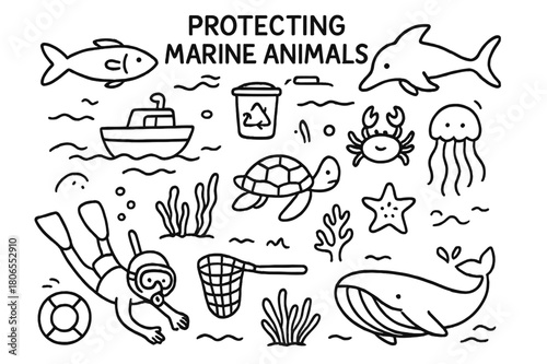 Marine Conservation Doodle. Protecting Marine Animals. Hand-drawn doodle illustration Protecting Marine Animals fish, dolphin, turtle, whale, crab, jellyfish,