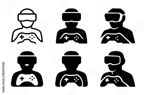 E-Sports Icon Set. Immersive video gaming and e-sports. Icon set. Set Logo of immersive video gaming and e-sports: VR headset gamer silhouette. harmonious logo