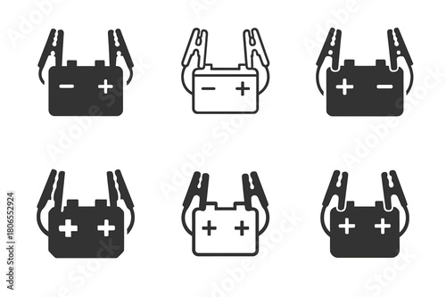 Car Battery Icons. Car battery with jumper cables. Icon set. Set Logo of Car battery with jumper cables: engine start ignition symbol. harmonious