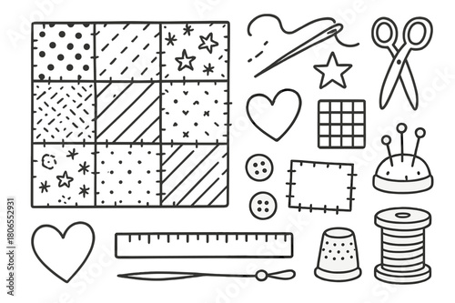 Patchwork Quilting Icons. Patchwork quilting. Hand-drawn doodle illustration patchwork quilting fabric squares, stitching lines, heart, star, needle, thread,