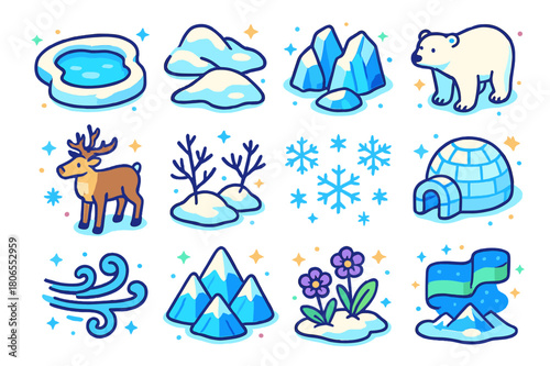 Colorful Arctic Icons. Arctic scenery. Colorful isometric vector icons set of arctic scenery: frozen lake, snow-covered hills, icy rocks, polar bear, reindeer,
