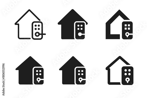 Smart Lock Logos. Home safety and security. Icon set. Set Logo of home safety and security: smart door lock. harmonious logo variations of the same emblematic