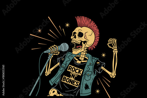 Skeleton Rock Star Performing with Microphone and Mohawk.
