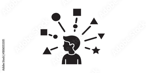 Boy and simple shapes thin line icon, mental health concept. Vector graphics. Test game of making logic link, psychology sign on white background, style icon mobile or web design