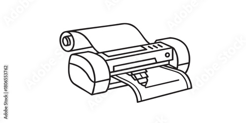 Inkjet plotter with paper thin line icon, architect studio concept. Vector graphics. Photo placard, banner, poster printer sign on white background, style mobile or design