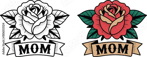 Traditional rose tattoo design for mom, classic red flower with banner, vintage tattoo art in color and black and white
